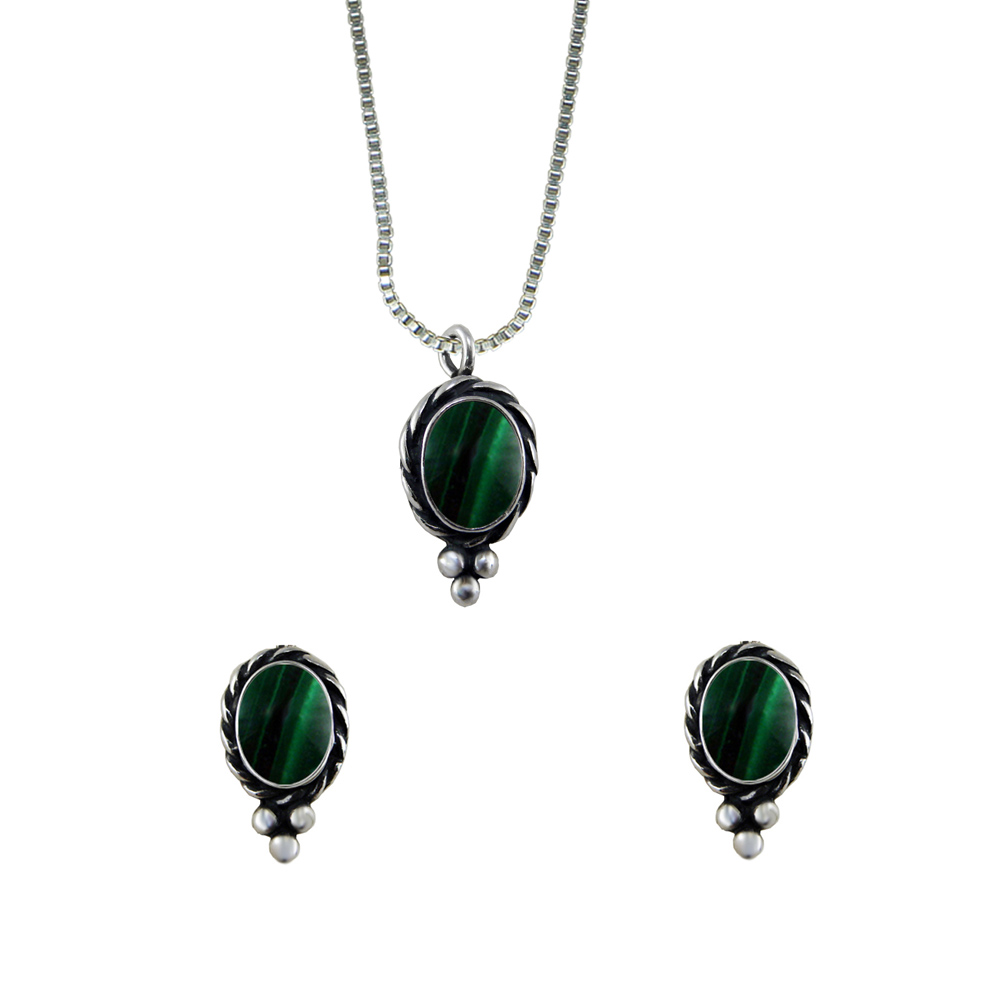 Sterling Silver Petite Necklace Earrings Set Malachite